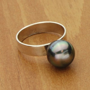 Tahitian Pearl Ring Natural Black Pearl Sterling Silver Ring, Floating Pearl
