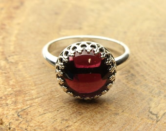 Red Garnet Ring Red Gemstone Cabochon, Sterling Silver Ring, Size 7