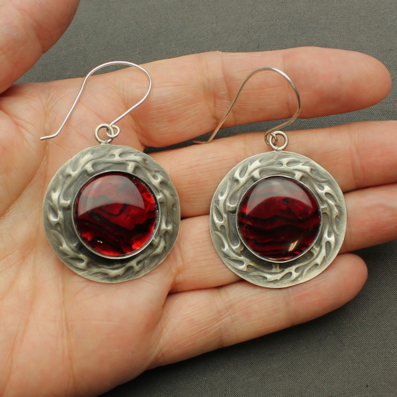 Earrings On Fire Wire Hooks Sterling Silver Flame Dangle Earrings Red Paua Abalone Shell Cabochons