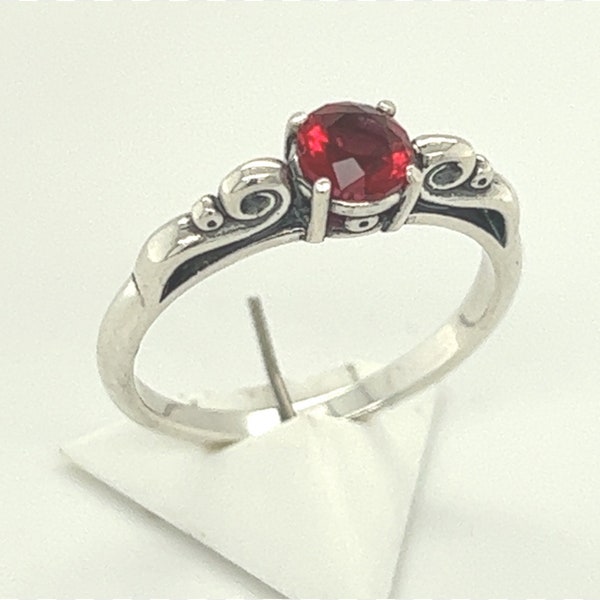 Bixbite Silver Ring, Custom Faceted Red Beryl, 5 MM Synthetic Gemstone Antique Scroll Sterling Silver Ring