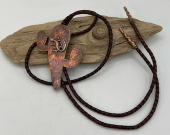 Men's Cactus Bolo Tie, Custom Made Copper Cactus, Lizard, Brown Leather Cord, Copper Tips