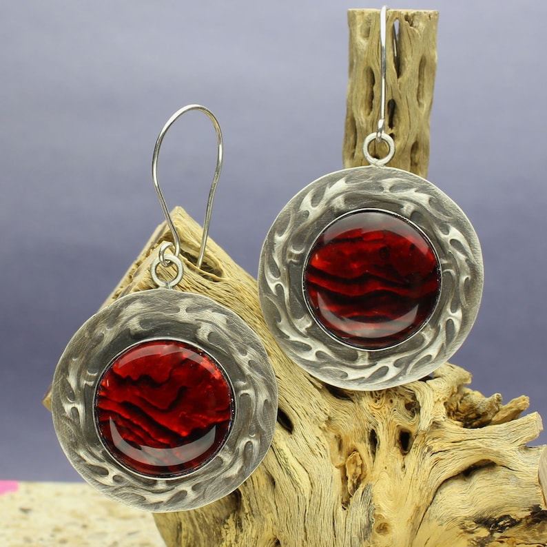 Earrings On Fire Wire Hooks Sterling Silver Flame Dangle Earrings Red Paua Abalone Shell Cabochons
