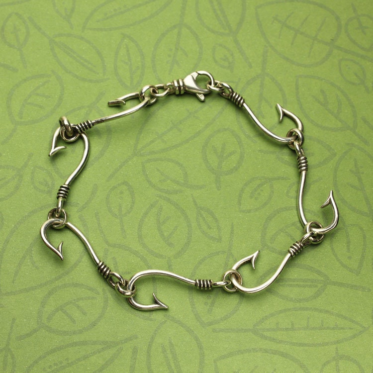 Fish Hook Bracelet, Sterling Silver Mens Bracelet, Fisherman Outdoors Man  Unisex Nautical Bracelet 