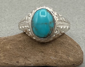 Men's Turquoise Ring, Genuine Blue Turquoise Oval Cabochon, Sterling Silver Ring, Size 12