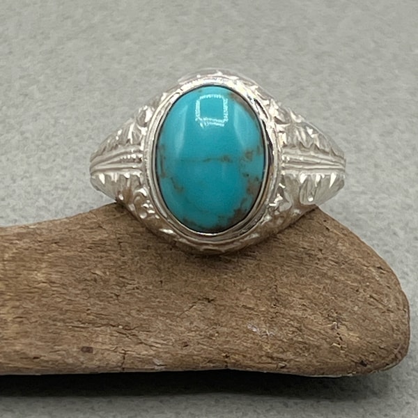 Men's Turquoise Ring, Genuine Blue Turquoise Oval Cabochon, Sterling Silver Ring, Size 12