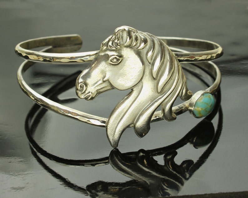 Sterling Silver Horse Stallion Mustang Cuff Bracelet Silver Horse Bracelet Turquoise Blue Cabochon Equine