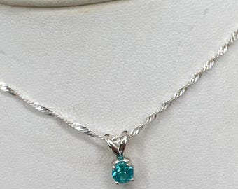 Apatite Necklace, Sterling Silver, Prong Setting, Custom Faceted Teal Blue Natural Gemstone, Paraiba Color, 16 Inch Silver Chain