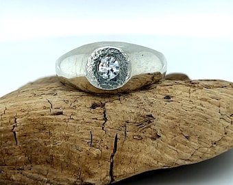 Round Clear Cubic Zirconia Sterling Silver Ring, Unisex Diamond Simulant Ring, Thumb Ring, Size 7 1/2