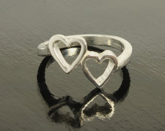 Hearts Silver Ring, Double Hearts Sterling Silver Love Ring