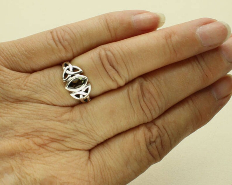 Celtic Knots Genuine Green Tektite in Sterling Silver Moldavite Silver Ring Certificate Marquis Moldavite Gemstone Meteorite Meteor