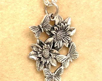 Butterfly and Dahlias Necklace, Butterflies, Flowers Sterling Silver Pendant, 16 Inch Chain