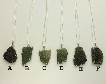 Moldavite Rough Necklace Besednice Genuine Green Tektite Pendant with Sterling Silver Chain, Meteorite, Certificate
