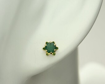 Emerald Stud Earrings, Genuine, Round Green Emerald Gemstones, 14KT Yellow Gold