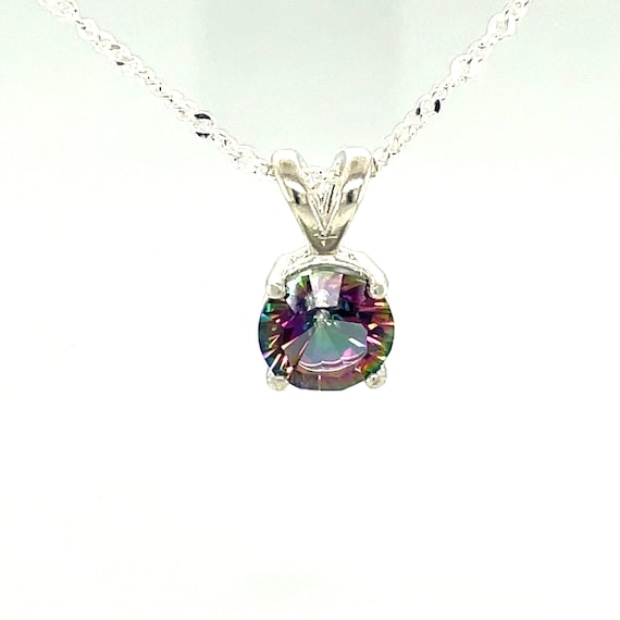 Mystic Quartz Necklace Faceted Rainbow Quartz Pendant Round Gemstone Sterling Silver 16 Inch Chain Etsy UK