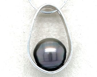 Tahitian Pearl Necklace Natural Black Pearl Sterling Silver Pendant, Floating Pearl, 18 Inch Chain
