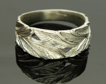 Leaf Ring Sterling Silver Leaves Pattern, 925 Thick Band