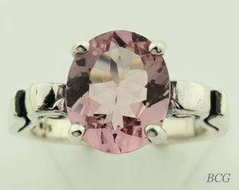 Morganite Silver Ring, Custom Faceted Oval Pink Beryl Gemstone Ring in Sterling Silver, Engagement Ring