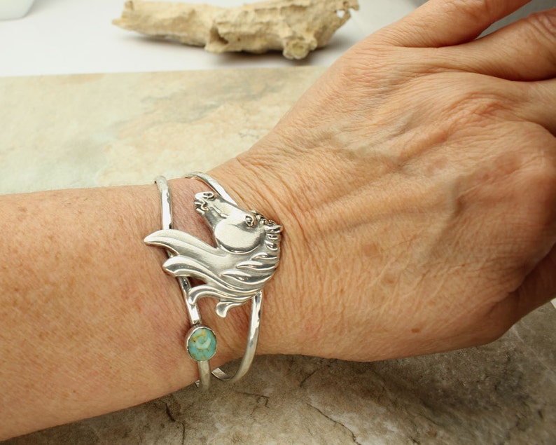 Sterling Silver Horse Stallion Mustang Cuff Bracelet Silver Horse Bracelet Turquoise Blue Cabochon Equine