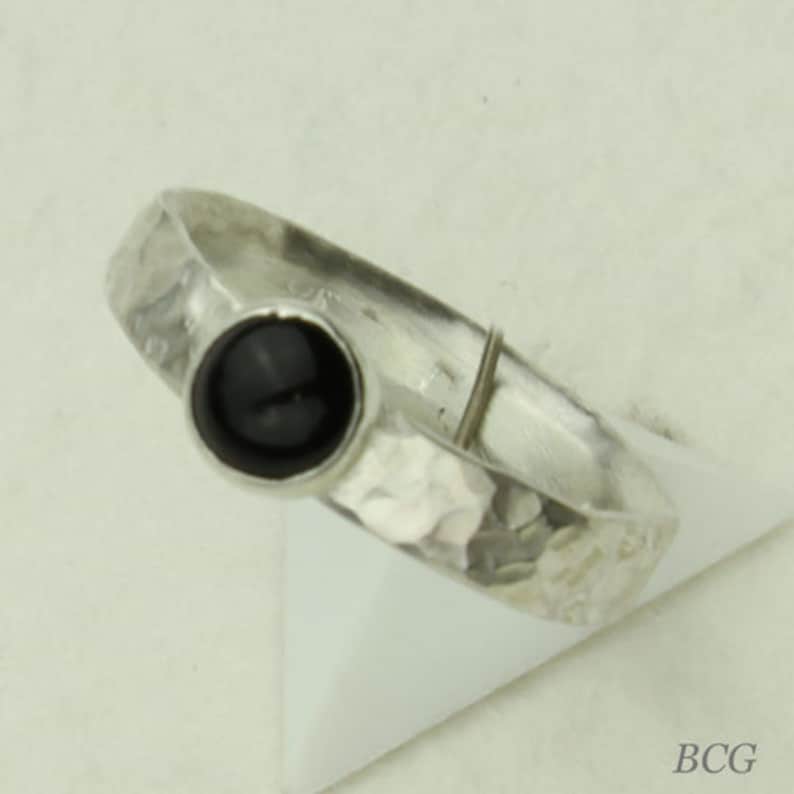 Round Cabochon Custom Hammered Band Black Onyx Ring Sterling Silver Bezel