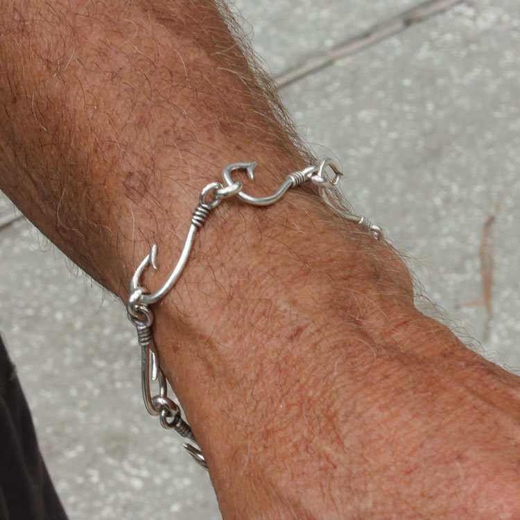 Fish Hook Bracelet, Sterling Silver Mens Bracelet, Fisherman Outdoors Man unisex Nautical Bracelet