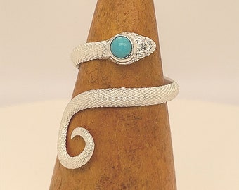 Turquoise Snake Ring, Campitos Blue Turquoise Sterling Silver Snake, Serpent Size 7