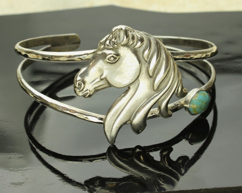 Sterling Silver Horse Stallion Mustang Cuff Bracelet Silver Horse Bracelet Turquoise Blue Cabochon Equine