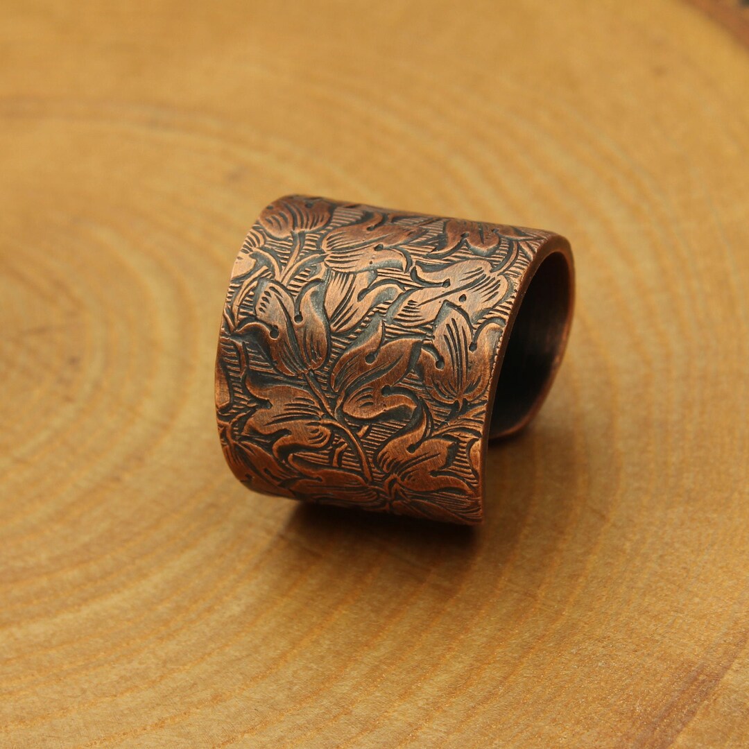 Wide Copper Ring, Embossed Antique Floral Pattern, Thick Band ...