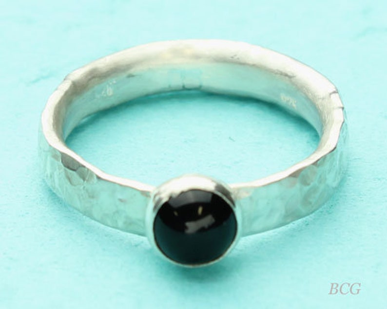 Round Cabochon Custom Hammered Band Black Onyx Ring Sterling Silver Bezel