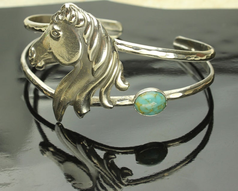 Sterling Silver Horse Stallion Mustang Cuff Bracelet Silver Horse Bracelet Turquoise Blue Cabochon Equine