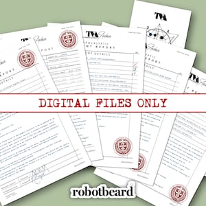 May include: A collection of white paper documents with the text "TVA Archive" and "Nexus Event Report." The documents have red seals and are labeled "Apocalyptic Event Report." The text "DIGITAL FILES ONLY" is displayed in red. The watermark "robotbeard" is at the bottom.