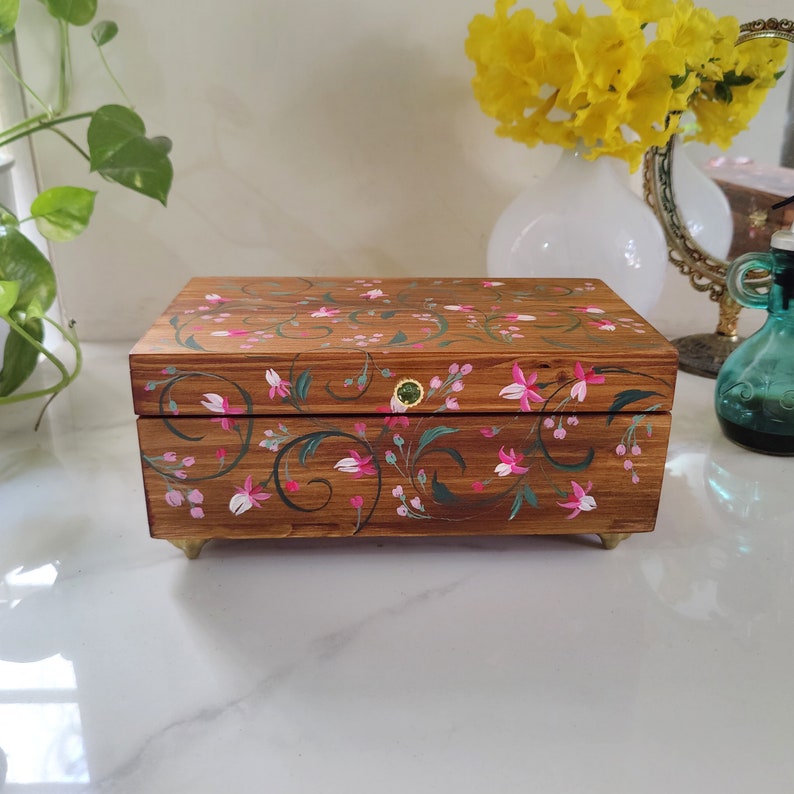 Pine Wood Hand Painted Trinket Box Jewelry Box Keepsake Box Jewelry Box Storage Valuables Box image 2