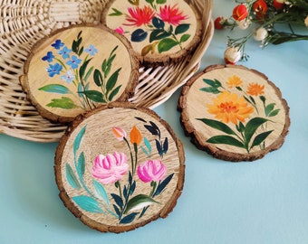 Set of 4 Floral Handpainted Bark Coasters | Round Wooden Coaster | Housewarming Gifts | Wedding Gifts | Drink Coasters | Water Resistant