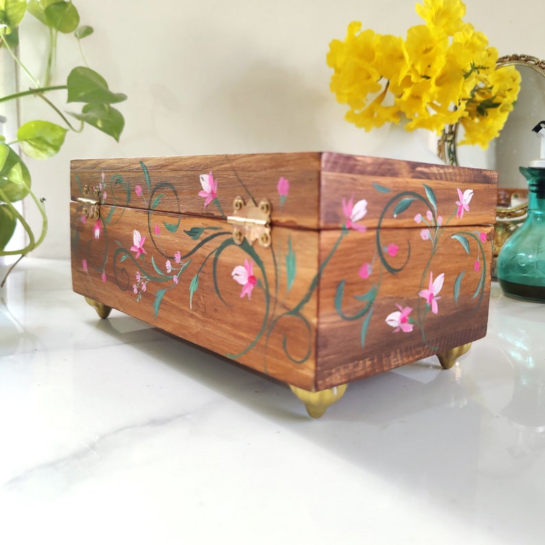Pine Wood Hand Painted Trinket Box Jewelry Box Keepsake Box Jewelry Box Storage Valuables Box image 4