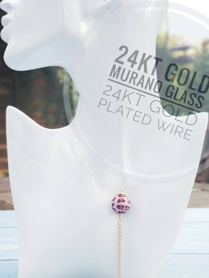 birthday gift Murano glass necklace on 24kt gold plated steel wire pink leopard pattern minimalist necklace 24kt gold foil