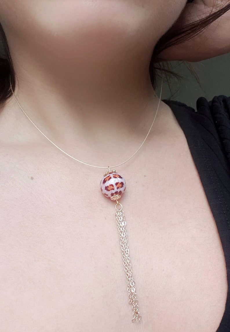 birthday gift Murano glass necklace on 24kt gold plated steel wire pink leopard pattern minimalist necklace 24kt gold foil