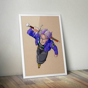 Puede incluir: Un dibujo de un personaje de anime de pelo morado con una chaqueta azul y pantalones negros sosteniendo una espada. El personaje tiene una expresión decidida y lleva un cinturón negro con un símbolo amarillo.