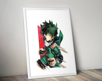 May include: A digital illustration of a green-haired anime character with a red and black mask, wearing a green and black costume. The character is in a dynamic pose with a red background.