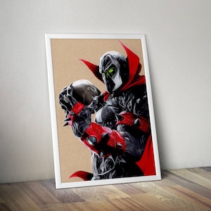Op de afbeelding: Een zwart en rood stripfiguur met een schedel in zijn hand. Het personage heeft een cape en groene ogen. De achtergrond is bruin papier.