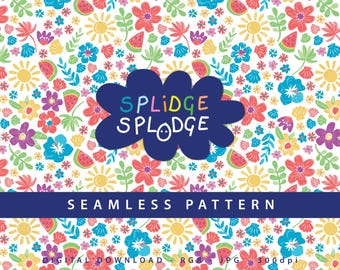 Könnte beinhalten: Ein nahtloses Muster mit weißem Hintergrund, bunten Blumen, Wassermelonenstücken und Sonnen. Der Text "Spludge Spludge" ist in einer blauen Wolkenform geschrieben.