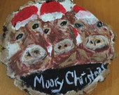 Hand Painted Christmas holstien Cow Ornament on wood slice.