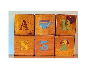 Vintage Set of 6 Handmade Hand painted Wooden Blocks 4 inch cubes  Decor Toys