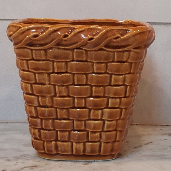 Vintage Japan Ceramic Planter Brown Basketweave Pattern Small 4" x 4-1/2" x 4"