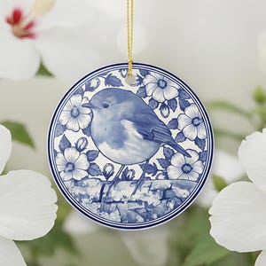 Delft Tile Style Ceramic  Printed Ornament | Blue Songbird, Rose of Sharon
