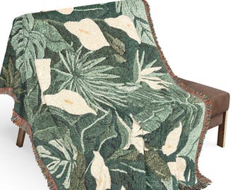 Calla Lily Botanical Woven Blanket | Floral Throw, Green Leaf Pattern