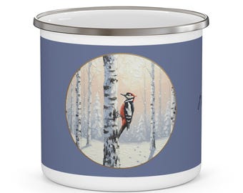 Blue Woodpecker Enamel Camping Mug | Bird Lover Wildlife Abstract Birchtrees
