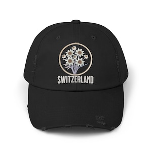 Distressed Cap: Switzerland Floral Design, Travel Hat