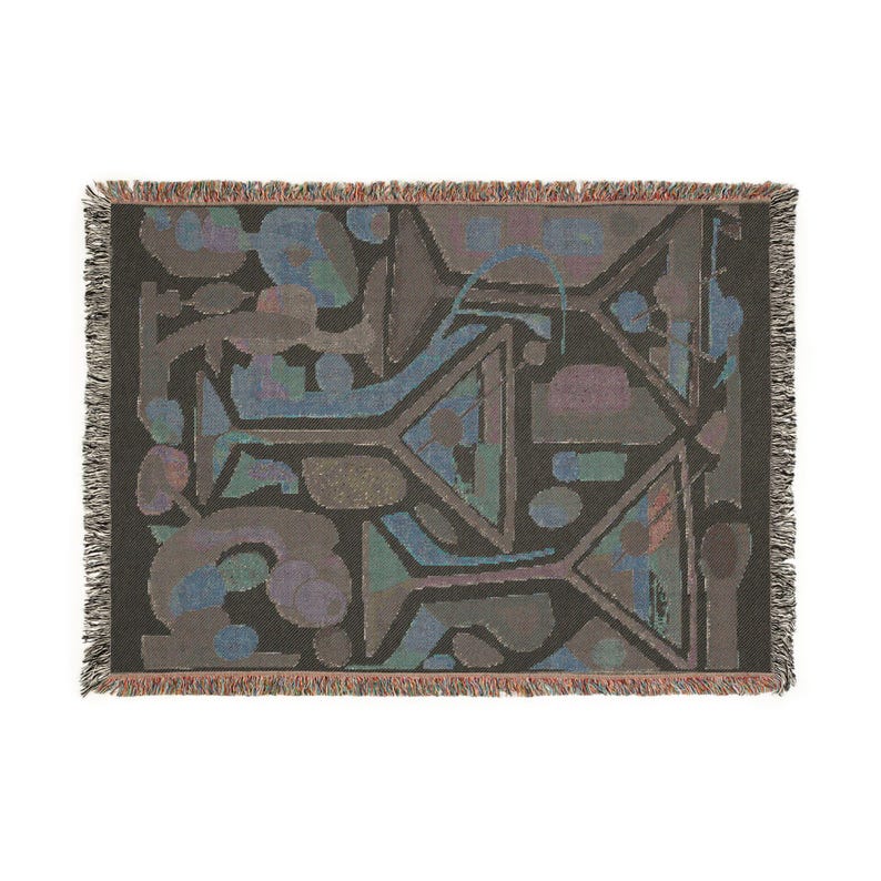 May include: A rectangular woven throw blanket featuring a dark charcoal background with an abstract pattern of martini glasses in muted shades of blue, purple, and green. The edges of the blanket are finished with a decorative fringed border.