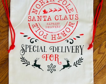 Cloth Santa Bag, Christmas gift bag, Medium Drawstring bag 14x10 inches ~ Fits 16 inch stuffed animal