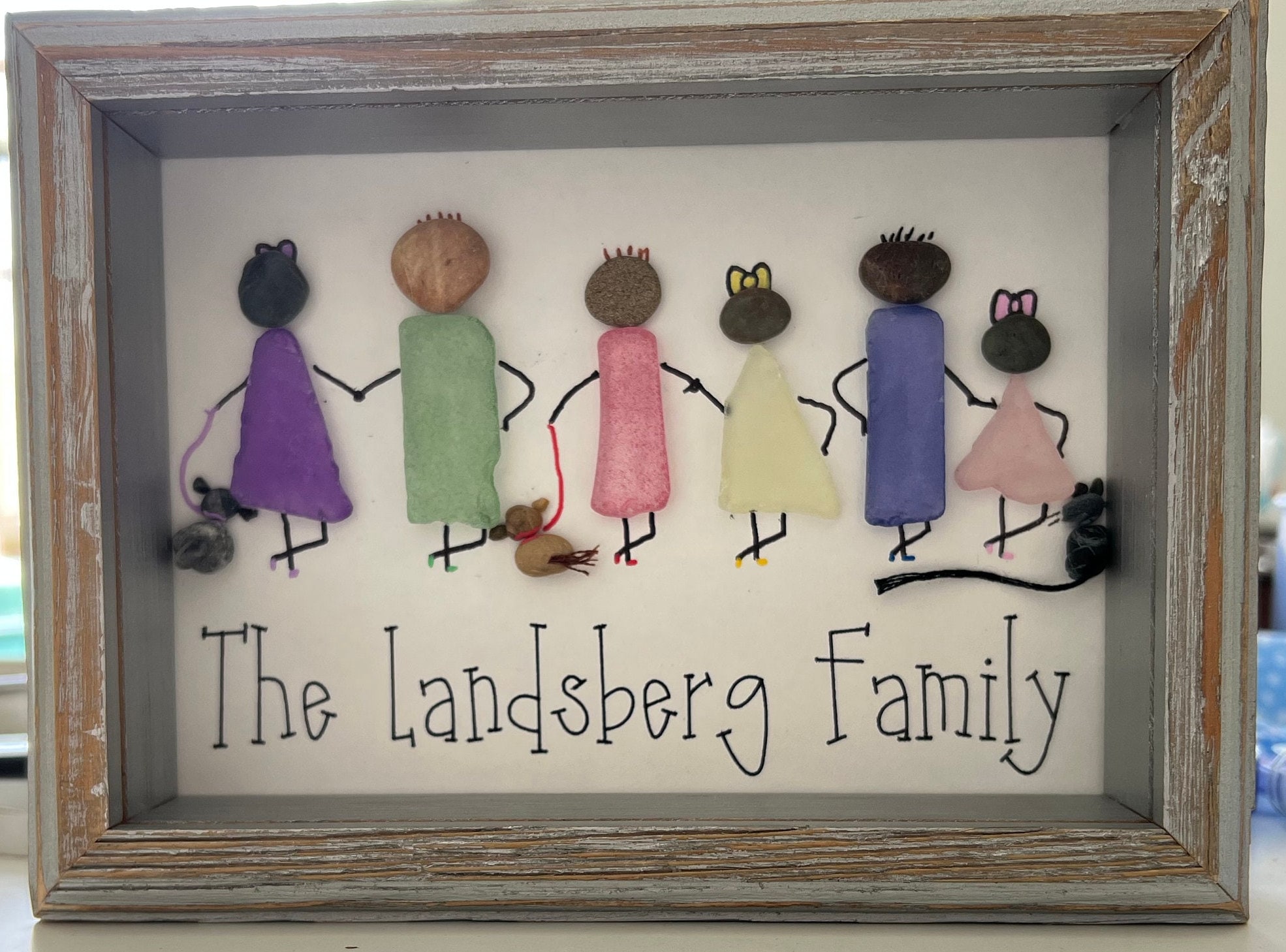 Sea Glass Family Pebble Art, Framed Shadow Box Gift