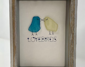 Sea Glass Lovebirds Framed Art, Anniversary Gift